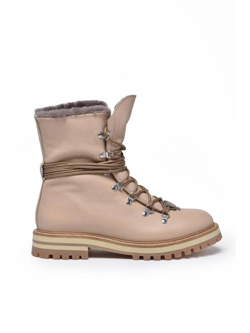 Eleventy Beige Fur Lining Rubber Sole Leather Boots