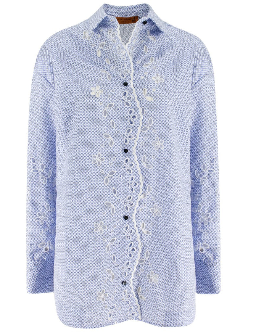 Ermanno Scervino Tailored Blue Shirt With Floral Embroidery