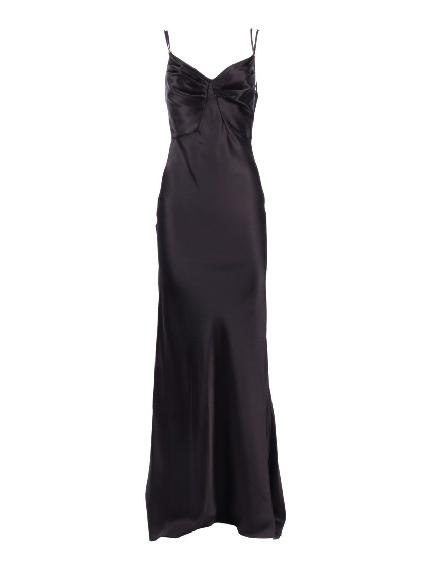 Elisabetta Franchi Black Satin Ruched Maxi Dress