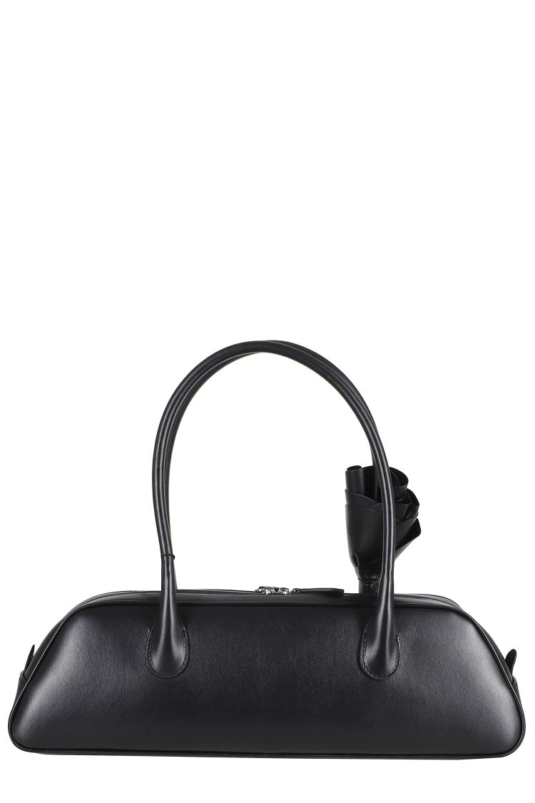 Magda Butrym Black Brigitte Trapeze Floral Applique Handle Leather Shoulder Bag