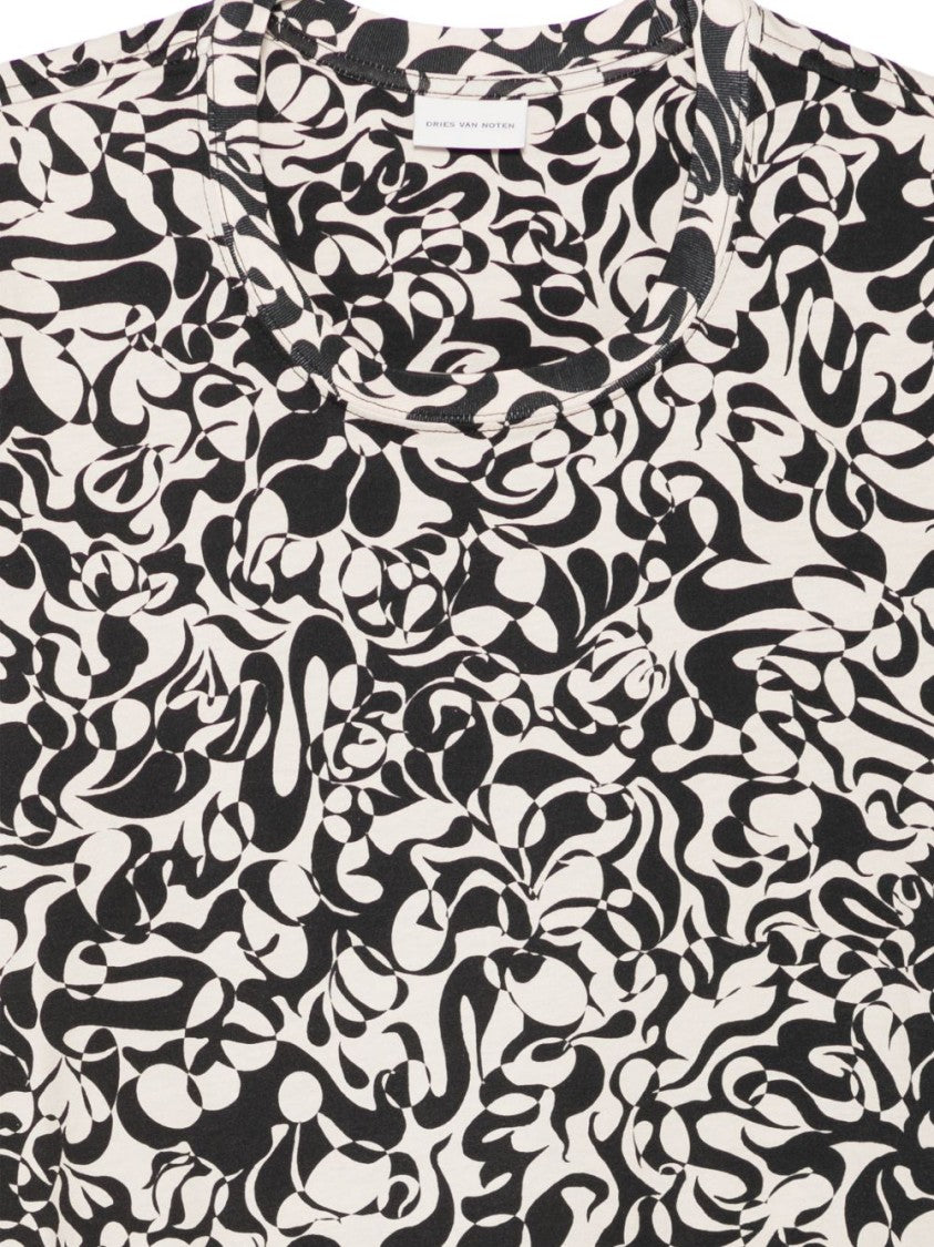Dries Van Noten Black Beige Patterned Crew Neck T-Shirt