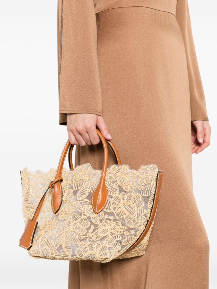 Ermanno Scervino Beige Shopper Tote With Lace Floral Embroidery And Leather Accents