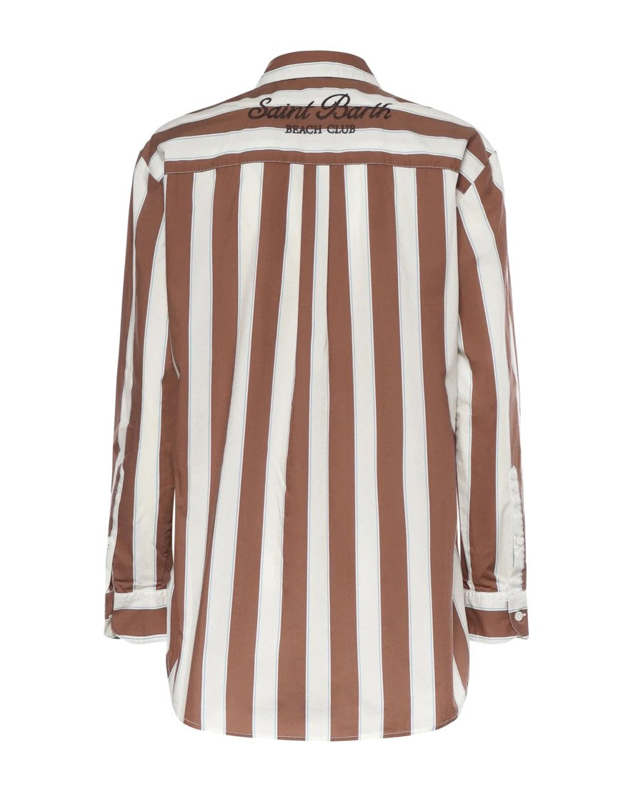 Mc2 Saint Barth Brown Vertical Striped Poplin Shirt With Logo Buttons