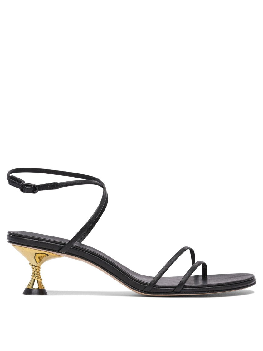 Studio Amelia Black Leather Sandals With Gold Accent Heel