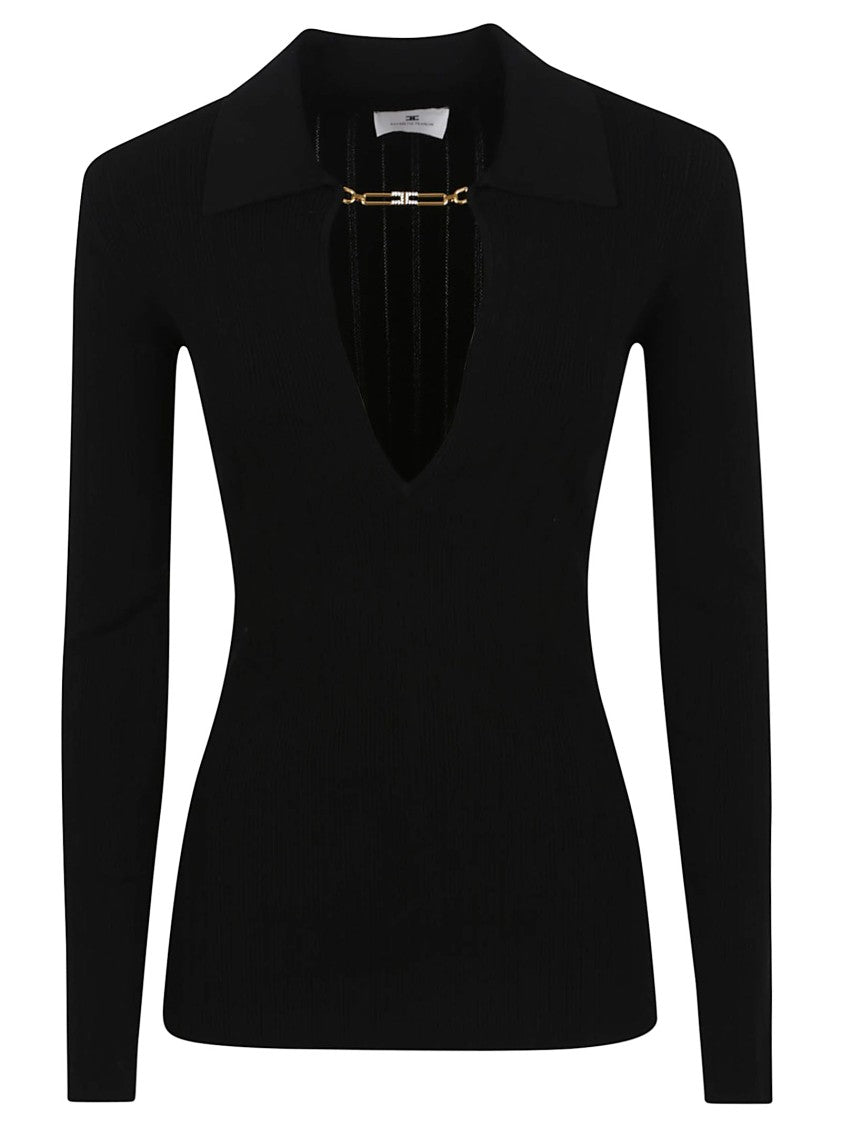 Elisabetta Franchi Deep V-Neck Sweater With Gold Accent And Ribbed Texture
