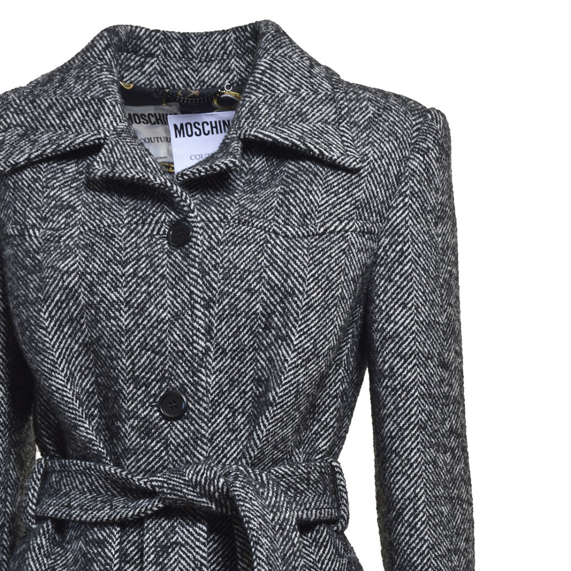 Moschino Single Breasted Wool Coat Black Herringbone Pattern