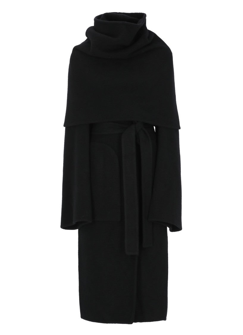 Rick Owens Long Black Cashmere Coat With Distinctive Cape And Matching Belt