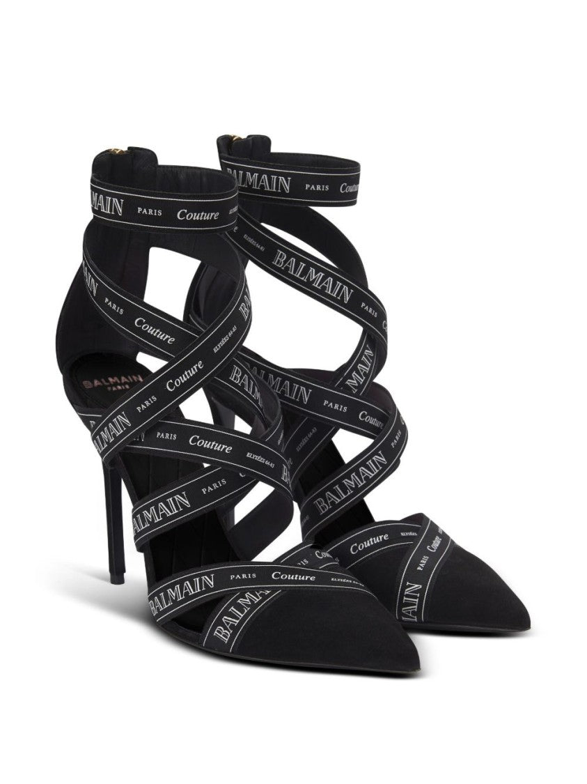 Balmain Black Logo Print Stiletto Suede Sandals