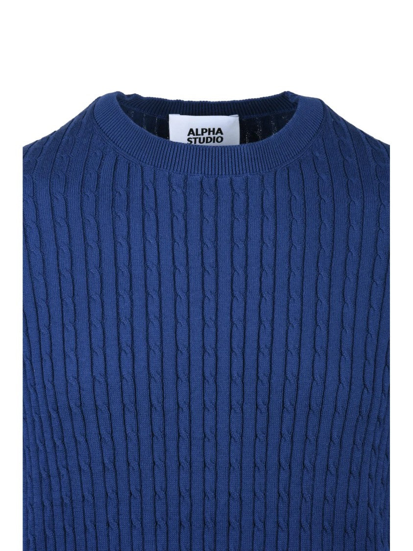 Alpha Studio Indigo Cotton Cable Knit Crew Top
