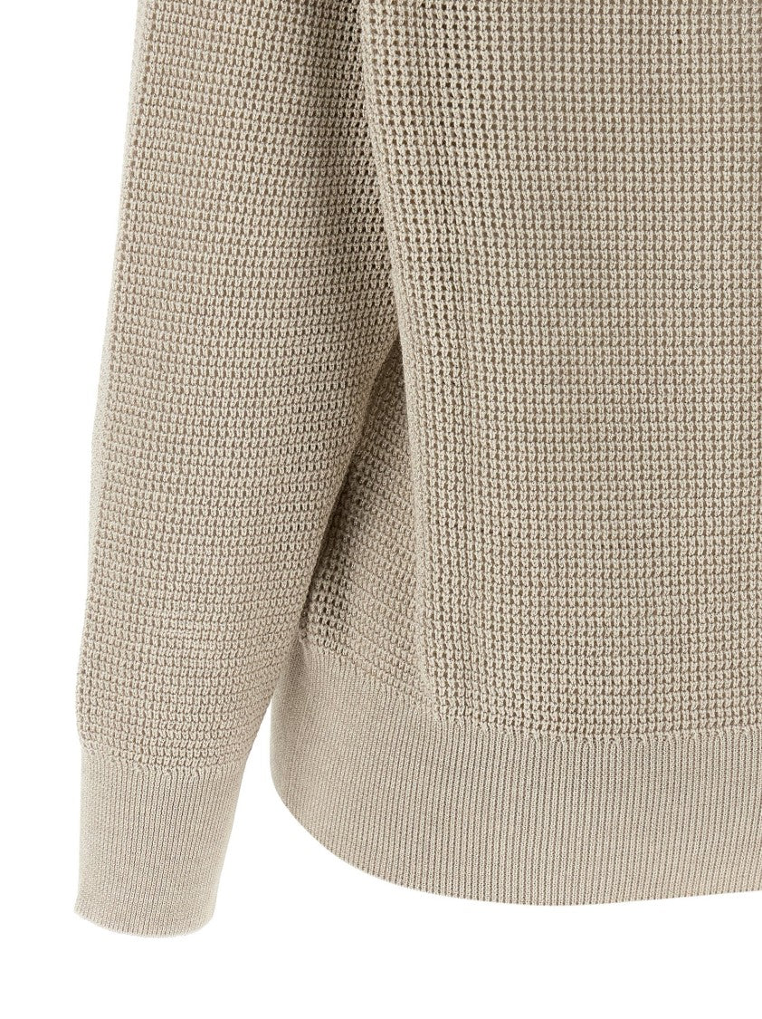 Brunello Cucinelli Openwork Knit Sweater With Lamé Highlights And V-Neck Design