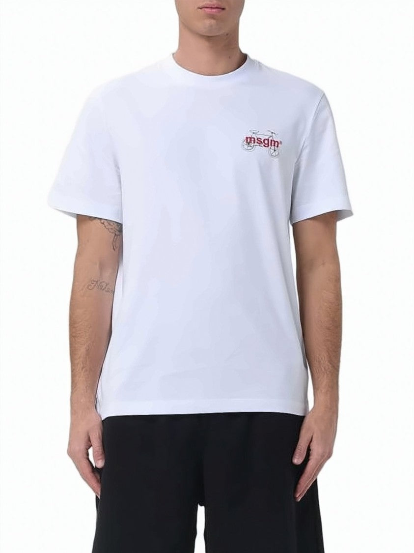 Msgm White Bicycle Graphic Embroidered Cotton T-Shirt