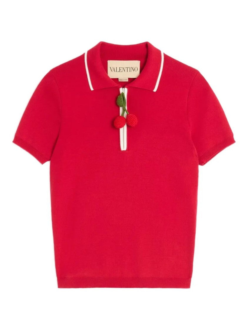 Valentino Cherry Motif Knit Sweater With Polo Collar