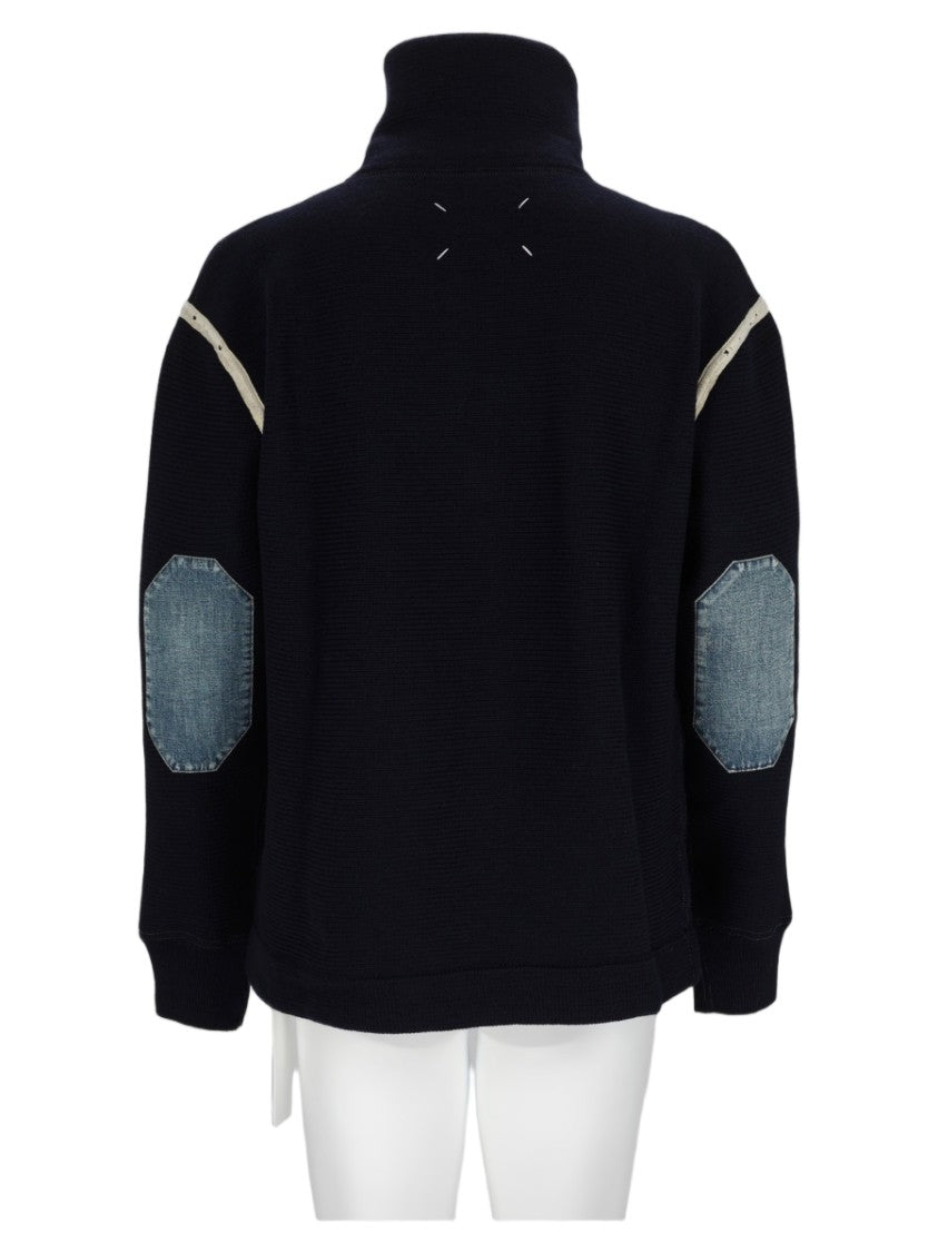 Maison Margiela Blue High-Collar Elbow Patch Wool Sweater