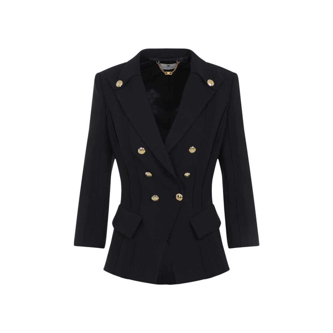 Elisabetta Franchi Fitted Black Crepe Double-Breasted Jacket With Gold Hardware