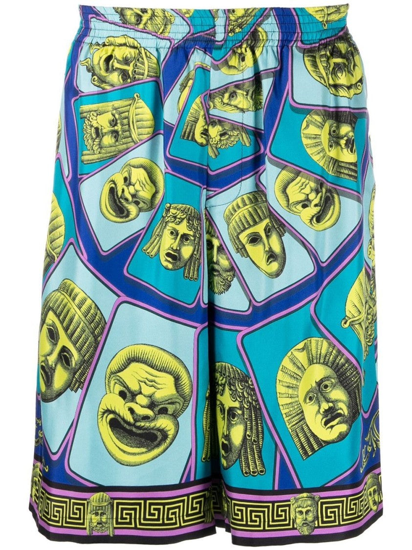 Versace Le Maschere Print Silk Shorts