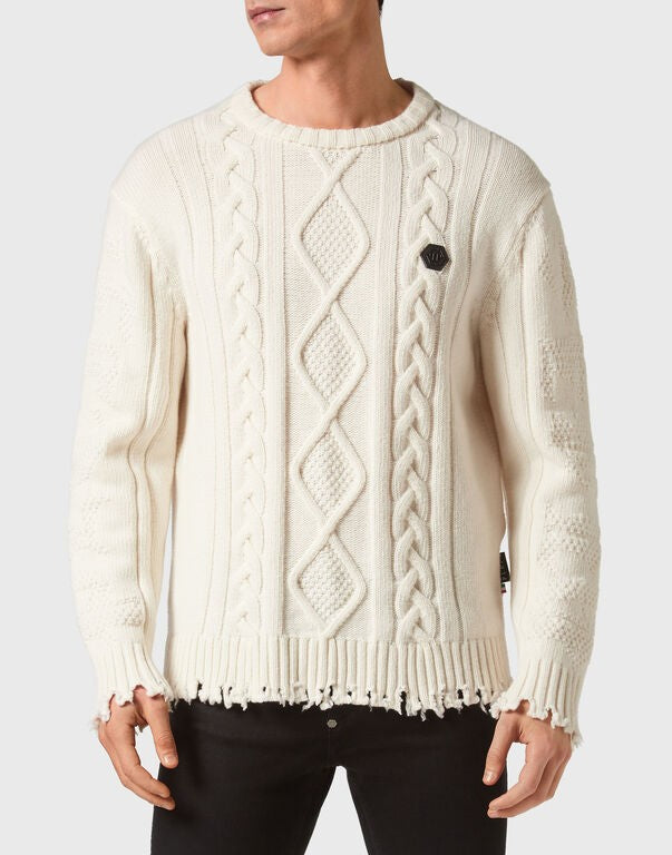 Philipp Plein Ivory Wool Cable-Knit Logo-Patch Sweater
