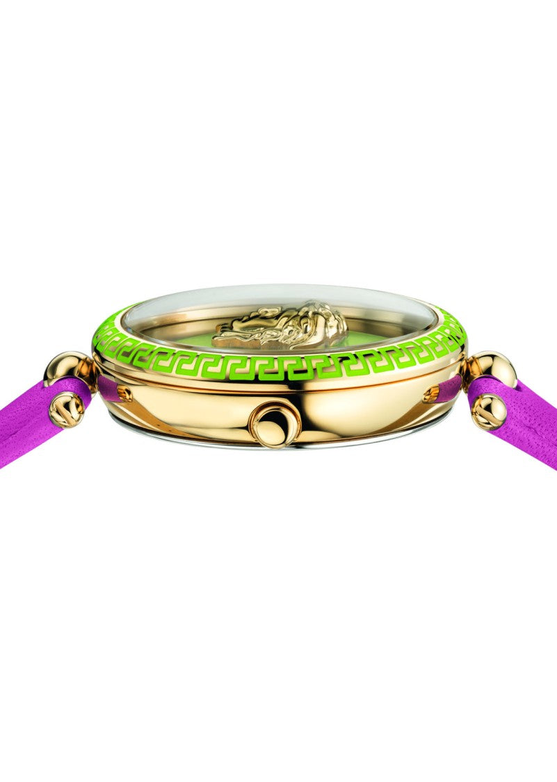 Versace Gold-Tone Stainless Steel Versace Watch With Green Dial And Pink Calfskin Strap