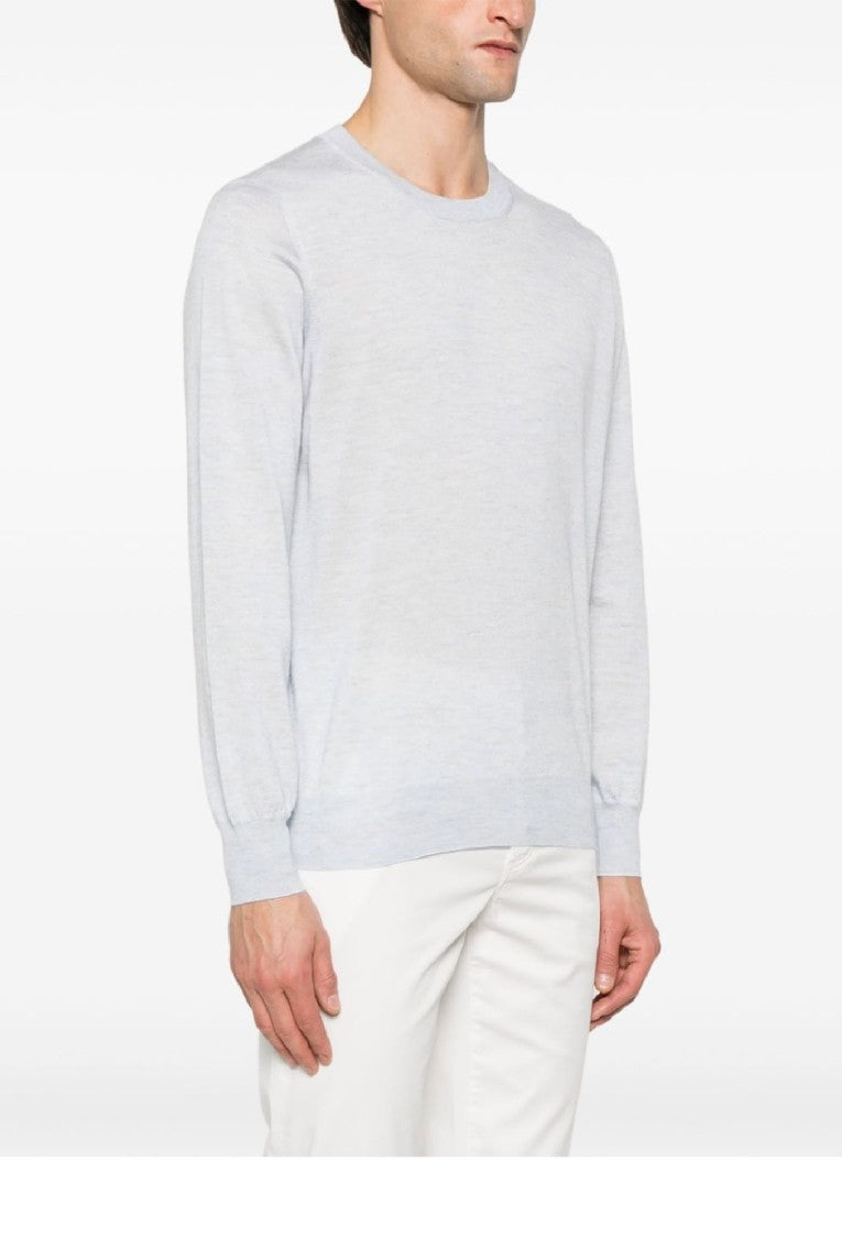 Brunello Cucinelli White Wool-Silk Blend Crew Neck Long Sleeve Knitwear