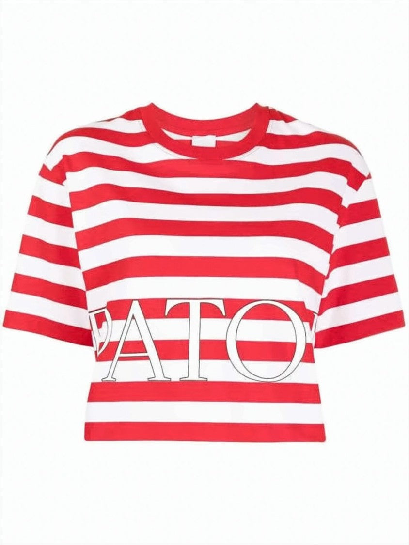 Patou Cropped Short-Sleeve Striped T-Shirt With Logo Print