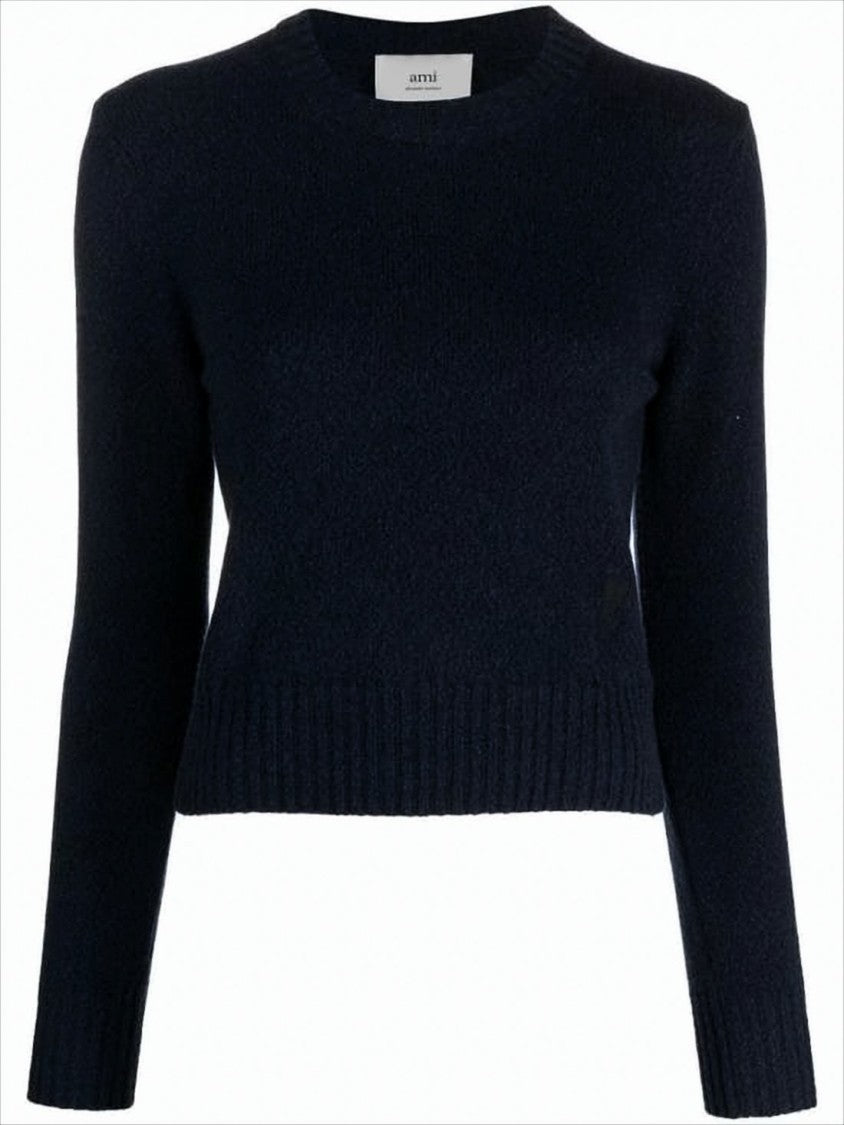 Ami Paris Cropped Navy Knit Sweater With Ribbed Hem And Cuffs