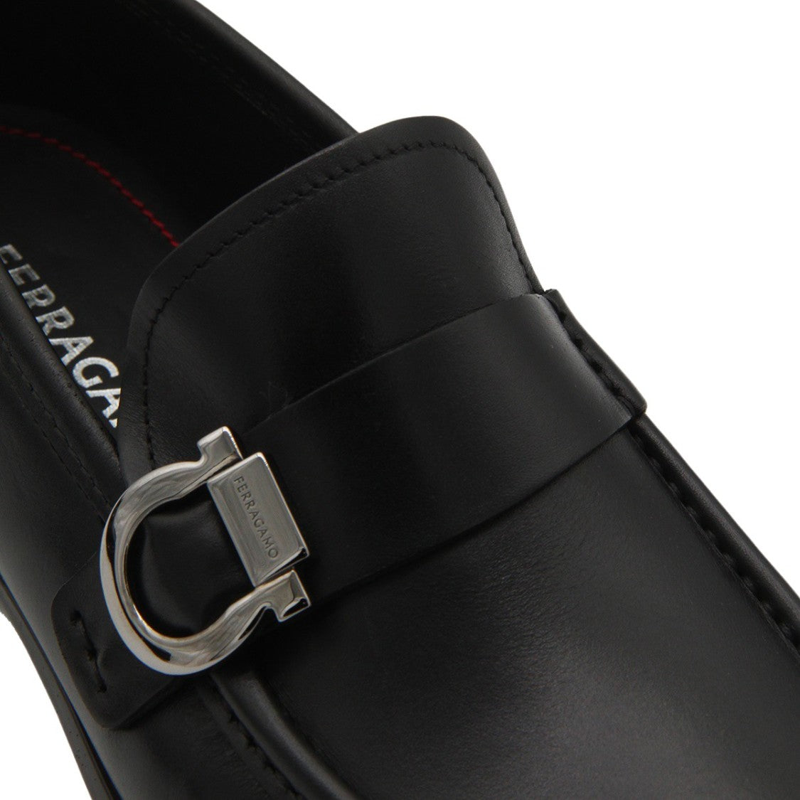 Ferragamo Black Leather Loafers With Silver Buckle Detail