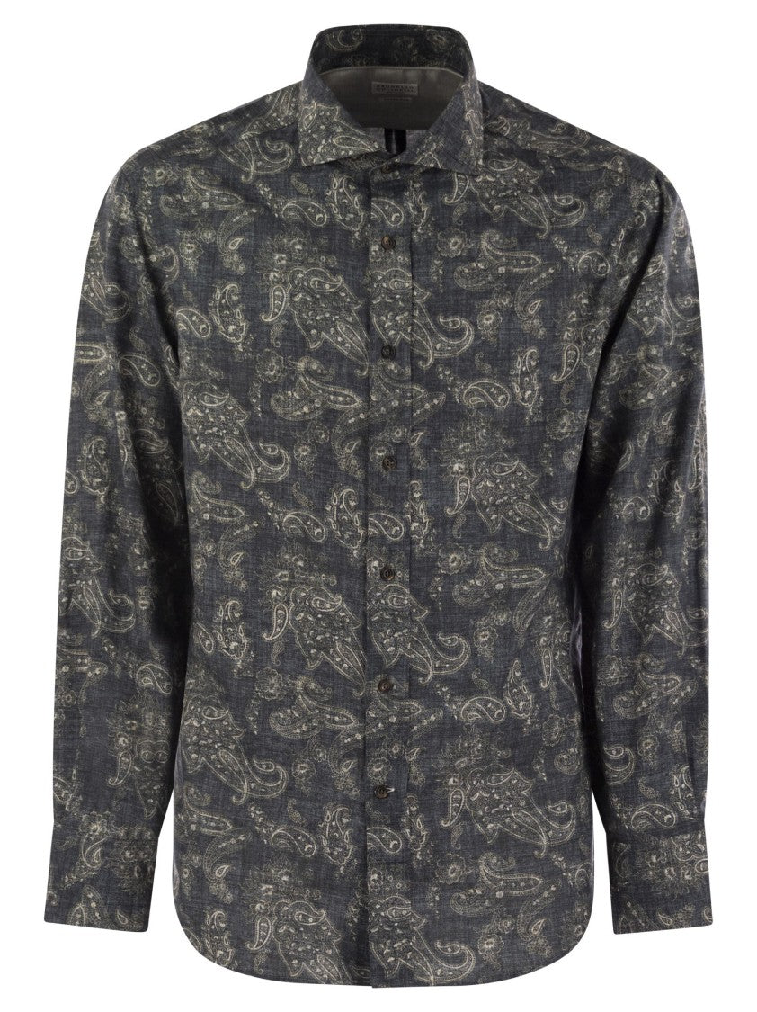 Brunello Cucinelli Slim Fit Cotton Paisley Canvas Shirt