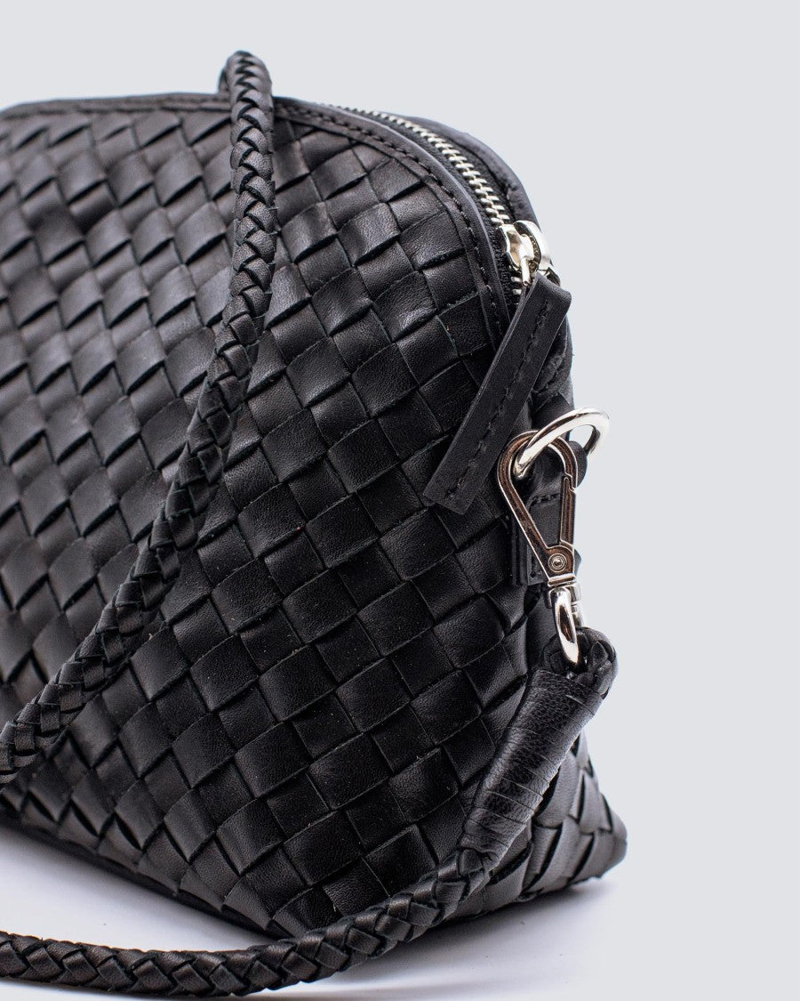 Dragon Diffusion Chunky Fellini Black Compact Woven Calfskin Leather Clutch
