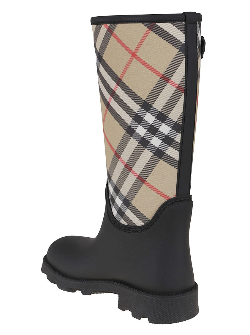 Burberry Woven Check Rain Boots With Adjustable Buckle And Equestrian Design