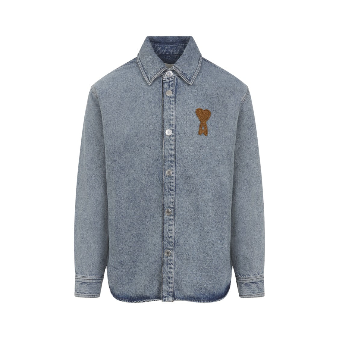 Ami Paris Denim Shirt With Classic Collar And Embroidered Heart