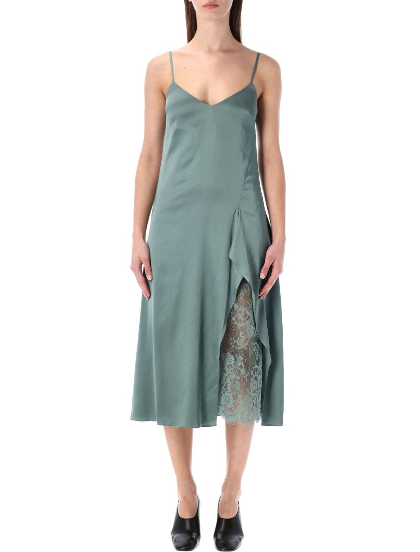 Acne Studios Fitted Satin Slip Dress With Ruffled Lace Insert