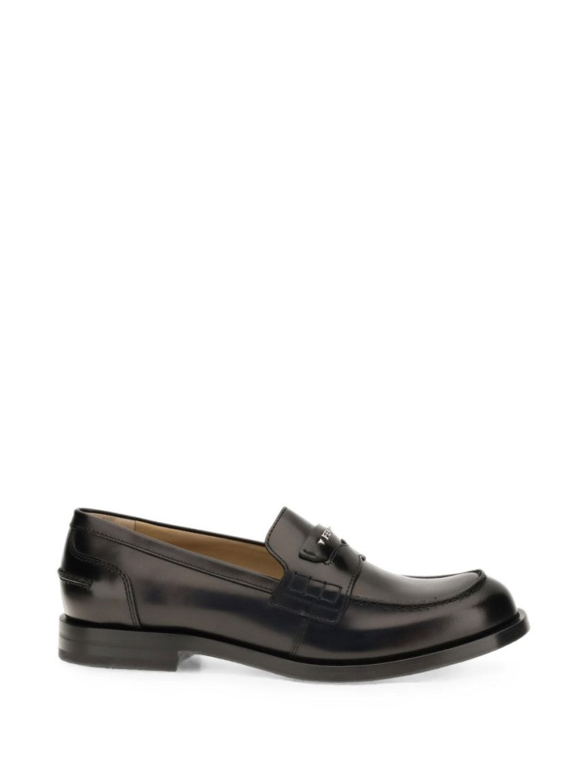 Fendi Polished Leather Metal Plaque Rounded-Toe Loafers