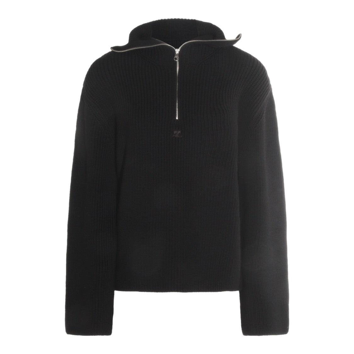 Courrèges Ribbed Black Knitted Sweater With Half-Zip Closure