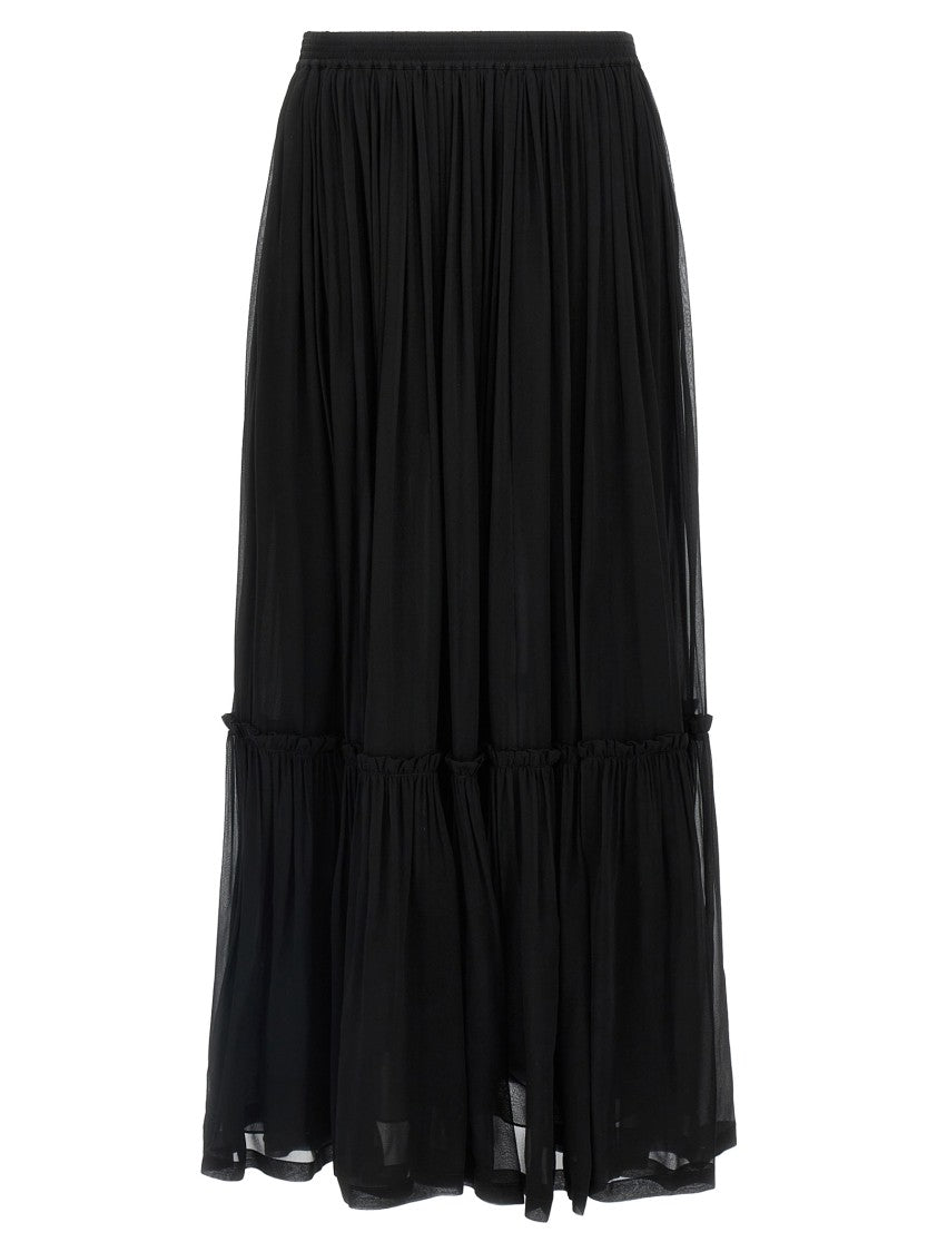 Saint Laurent Pleated Black Silk Maxi Skirt With Elastic Waistband