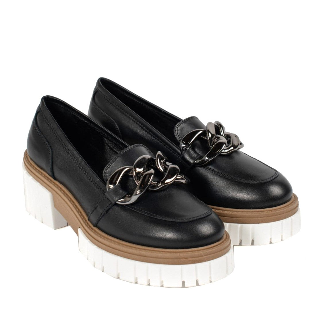 Vamsko Iris Black Chunky Sole Silver Chain Leather Loafers