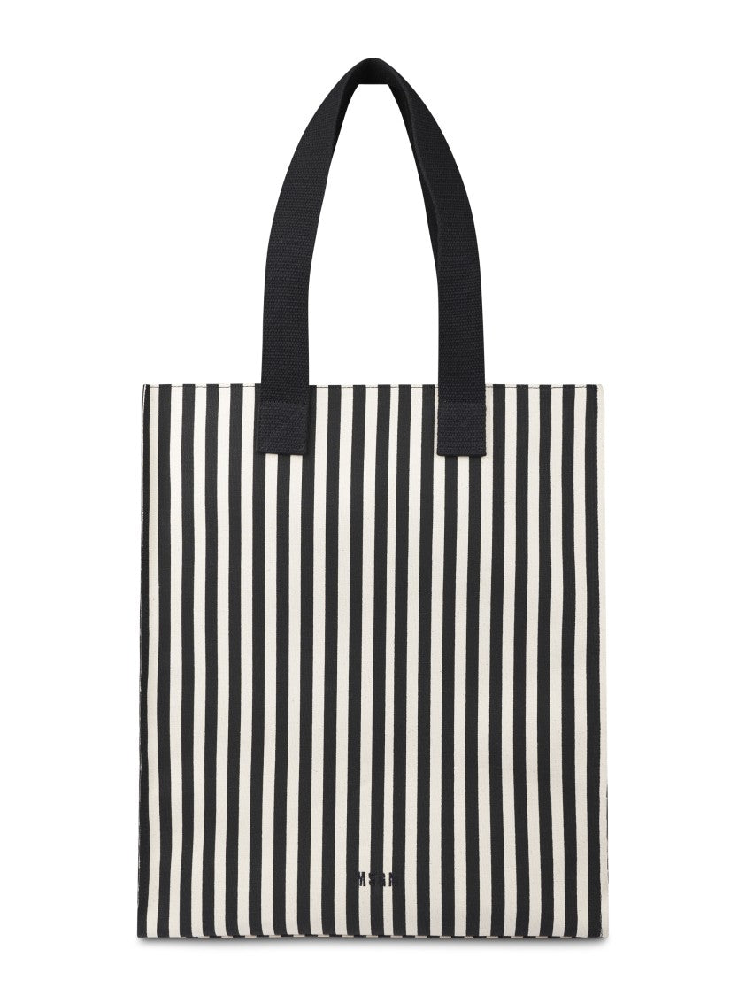 Msgm Vertical Striped Cotton Tote With Black Handles