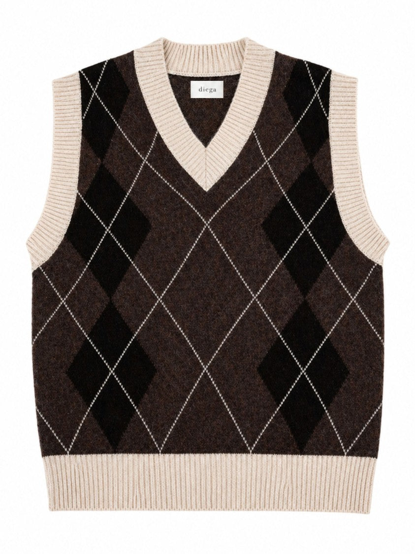 Diega Classic Argyle Knit Vest With Ribbed Trims
