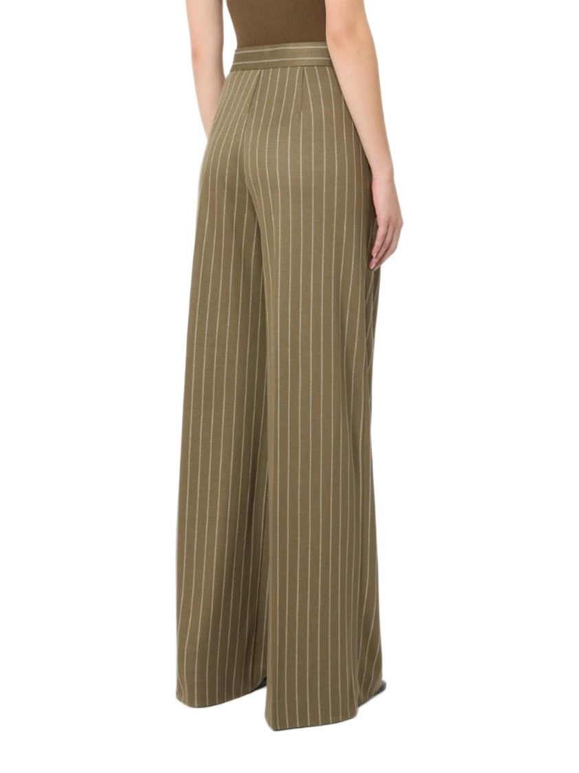 Max Mara Wide-Leg Olive Trousers With Vertical Pinstripes And Pleated Front