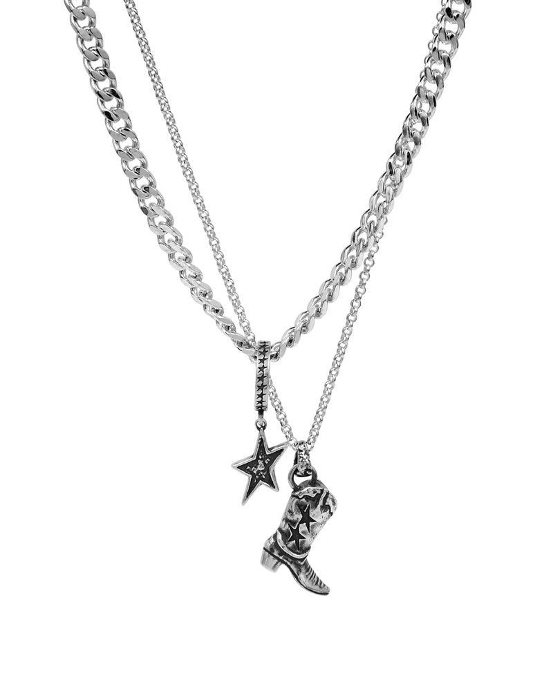 Two Jeys Bold Double Chain Necklace With Cowboy Boot And Star Pendants