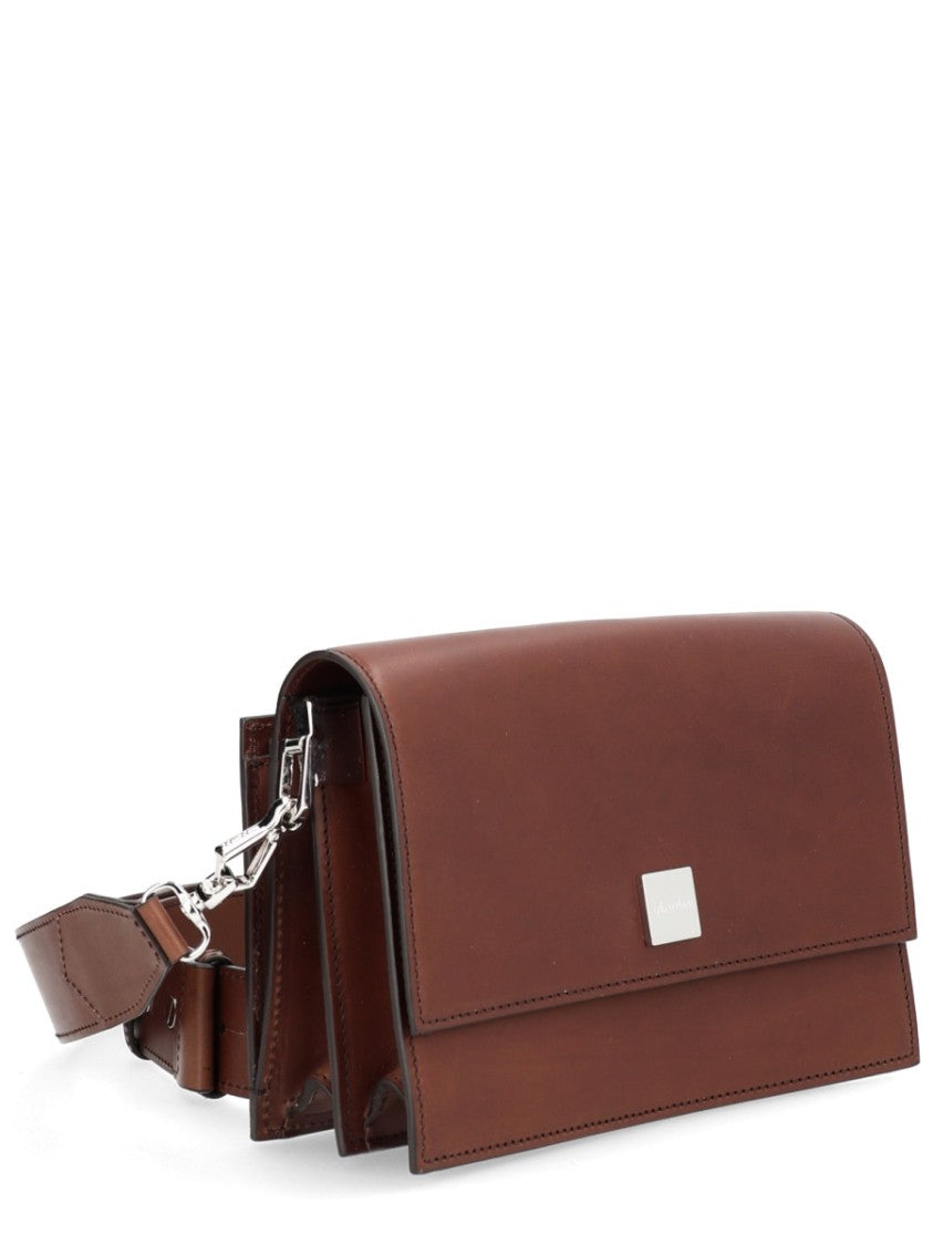 Max Mara Rectangular Brown Leather Bag With Flap Closure And Detachable Wrist Strap