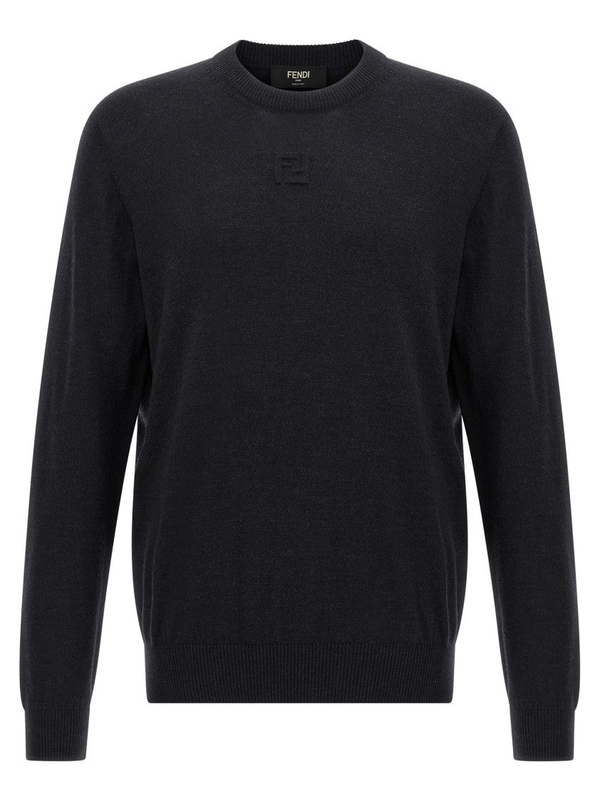 Fendi Embossed Logo Wool Yarn Sweater With Crew Neck And Cuffed Sleeves
