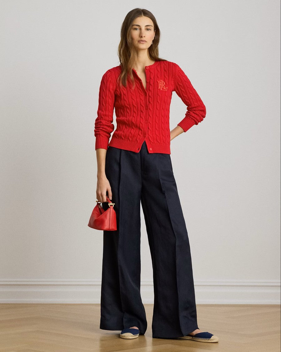 Lauren Ralph Lauren Navy Blue Woven Linen Wide Trousers
