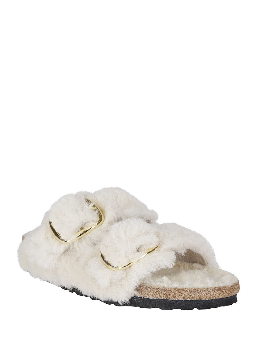 Birkenstock Teddy Fur Arizona Slippers With Gold Buckles