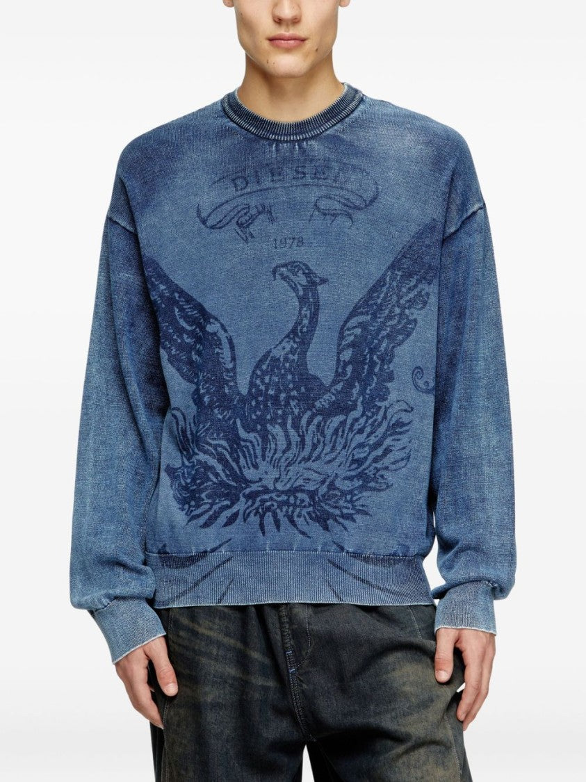 Diesel Denim Blue Phoenix Graphic Crew Neck Sweater