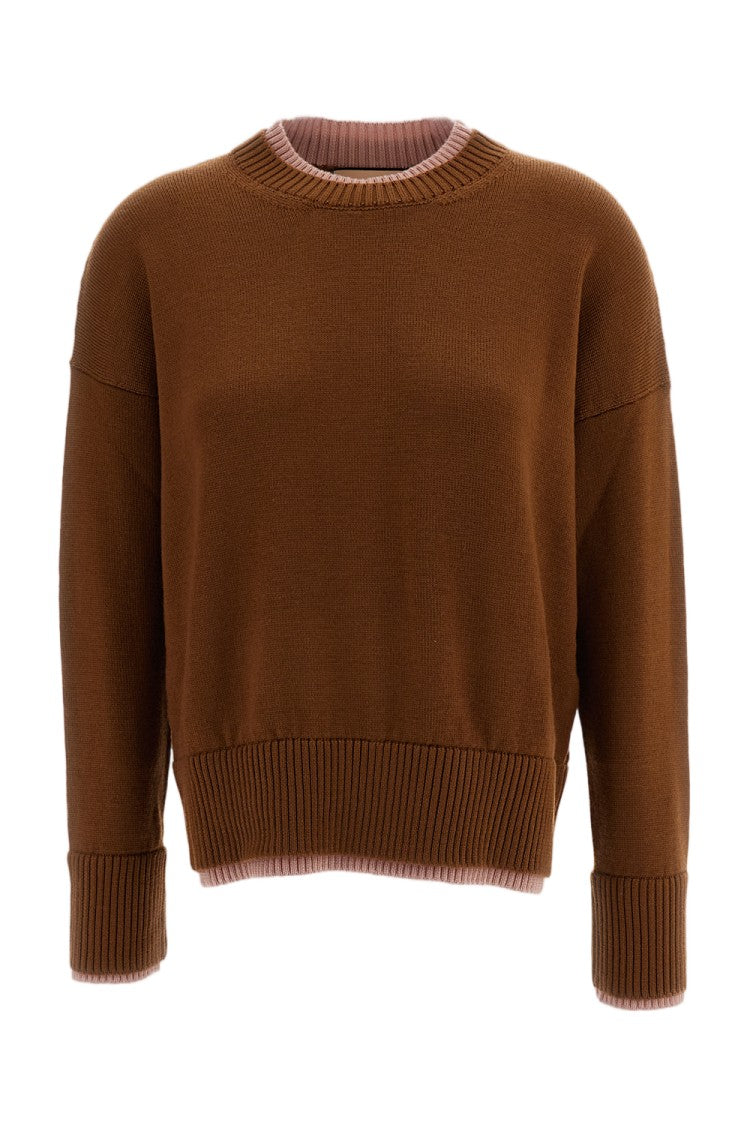 Plan C Brown Pink Merino Wool Double-Layer Crewneck Sweater