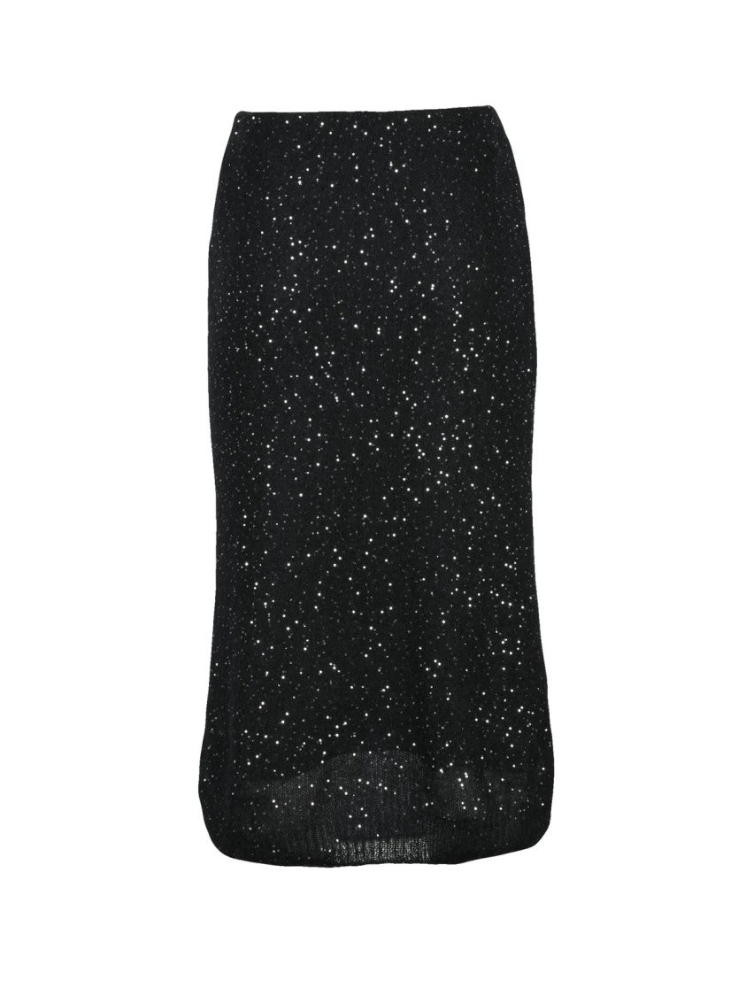Nude Black Polyester Elasticated Rhinestone Knit Midi Skirt