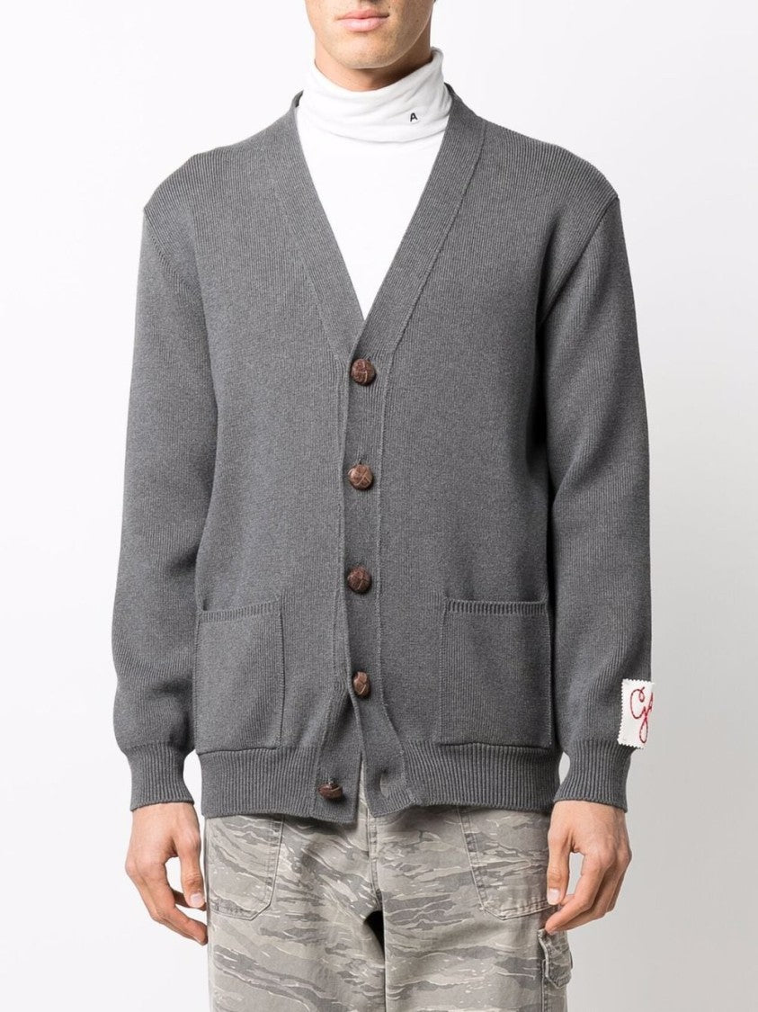 Golden Goose V-Neck Gray Cardigan With Embroidered Patch