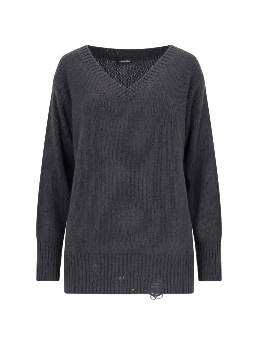Canessa Destroyed Details Sweater In Gray Cashmere
