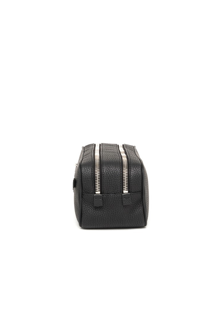 Santoni Textured Leather Belt Bag With Dual Compartments And Silver Accents