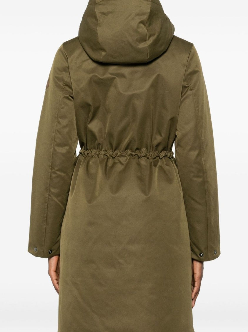 Save The Duck Mid-Length Green Cinched Waist Parka With Hood