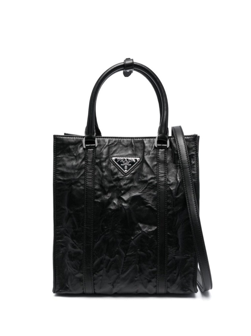 Prada Logo-Plaque Crinkle-Effect Tote Bag